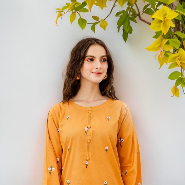 2PC Petal Embroidered Dress (MUSTARD)