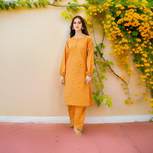 2PC Petal Embroidered Dress (MUSTARD)