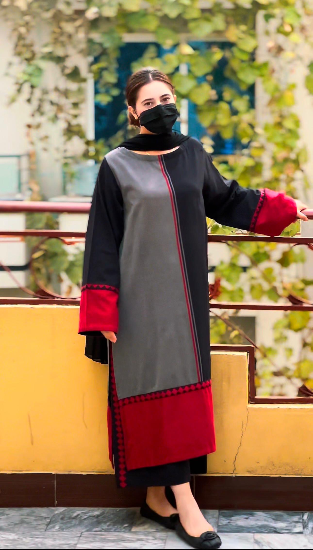 Black n Red Long  2Pcs Stitched