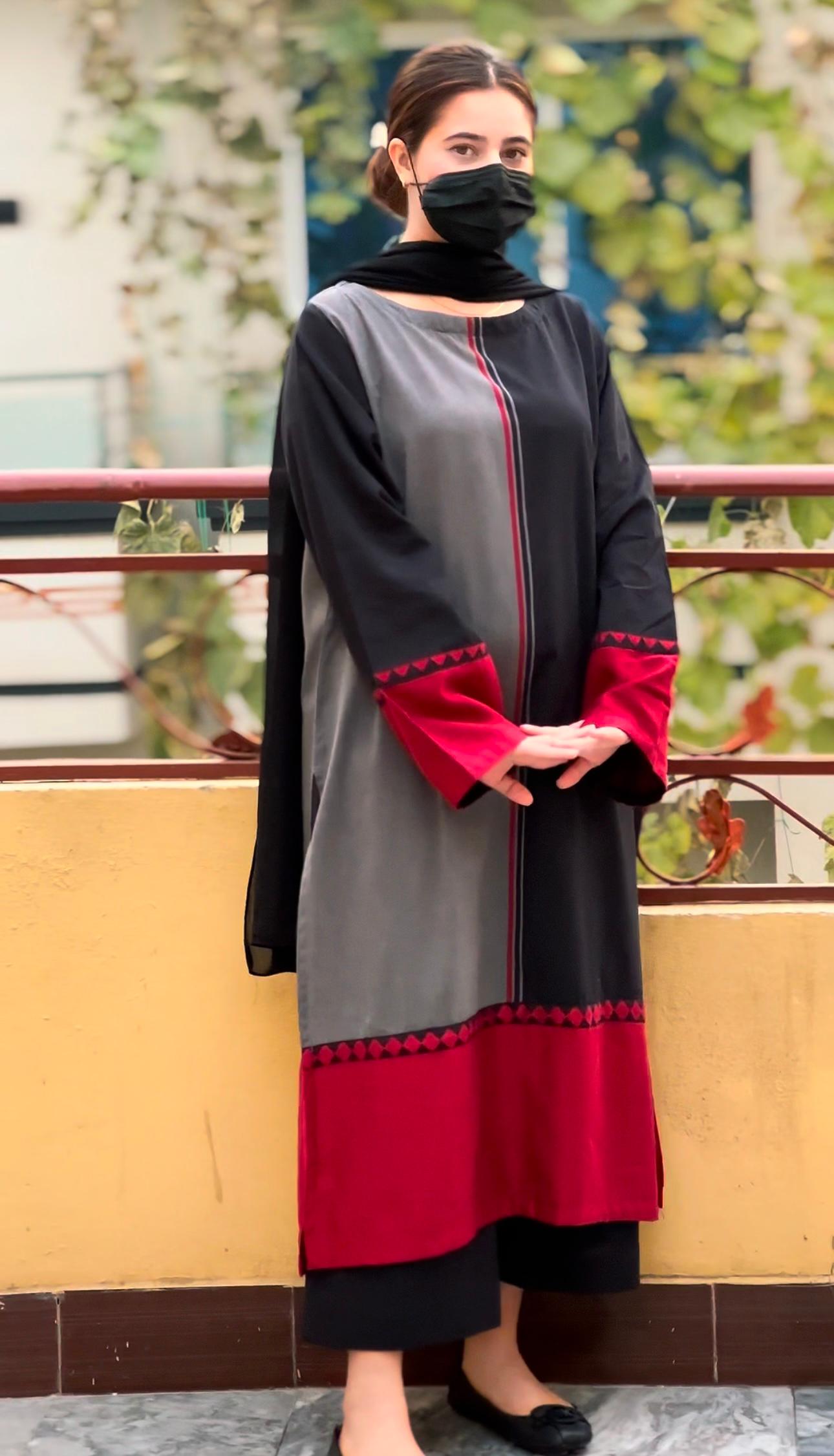 Black n Red Long  2Pcs Stitched