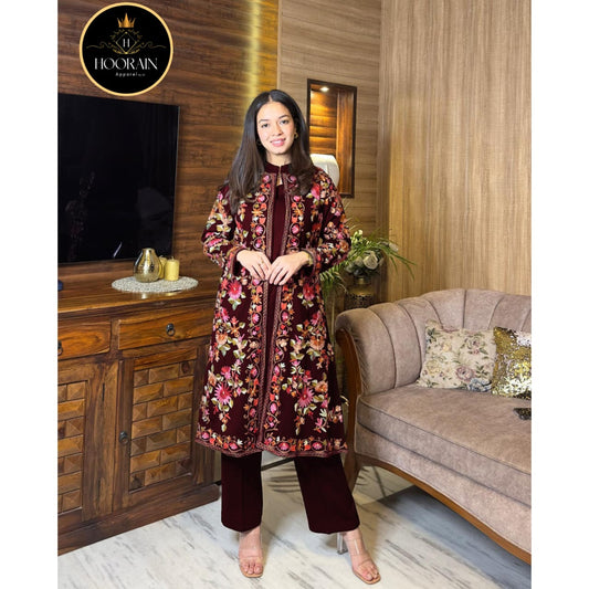 Unveiling the Front Full Heavy Embroidered 3-Piece Gown Set